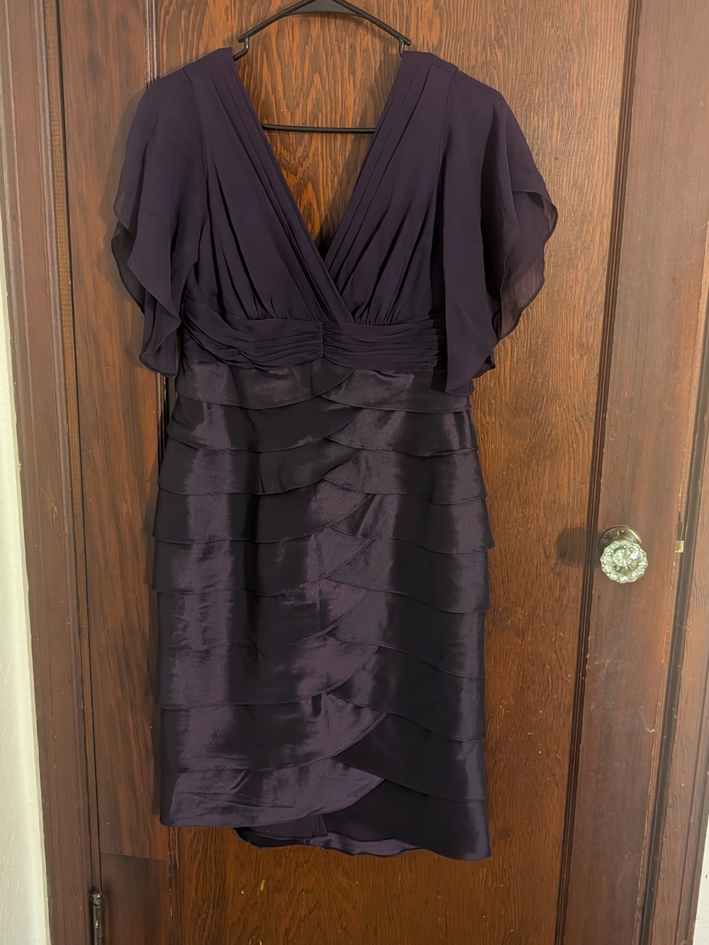 Adrianna Papell Deep Plum V-Neck Tiered Midi Dress